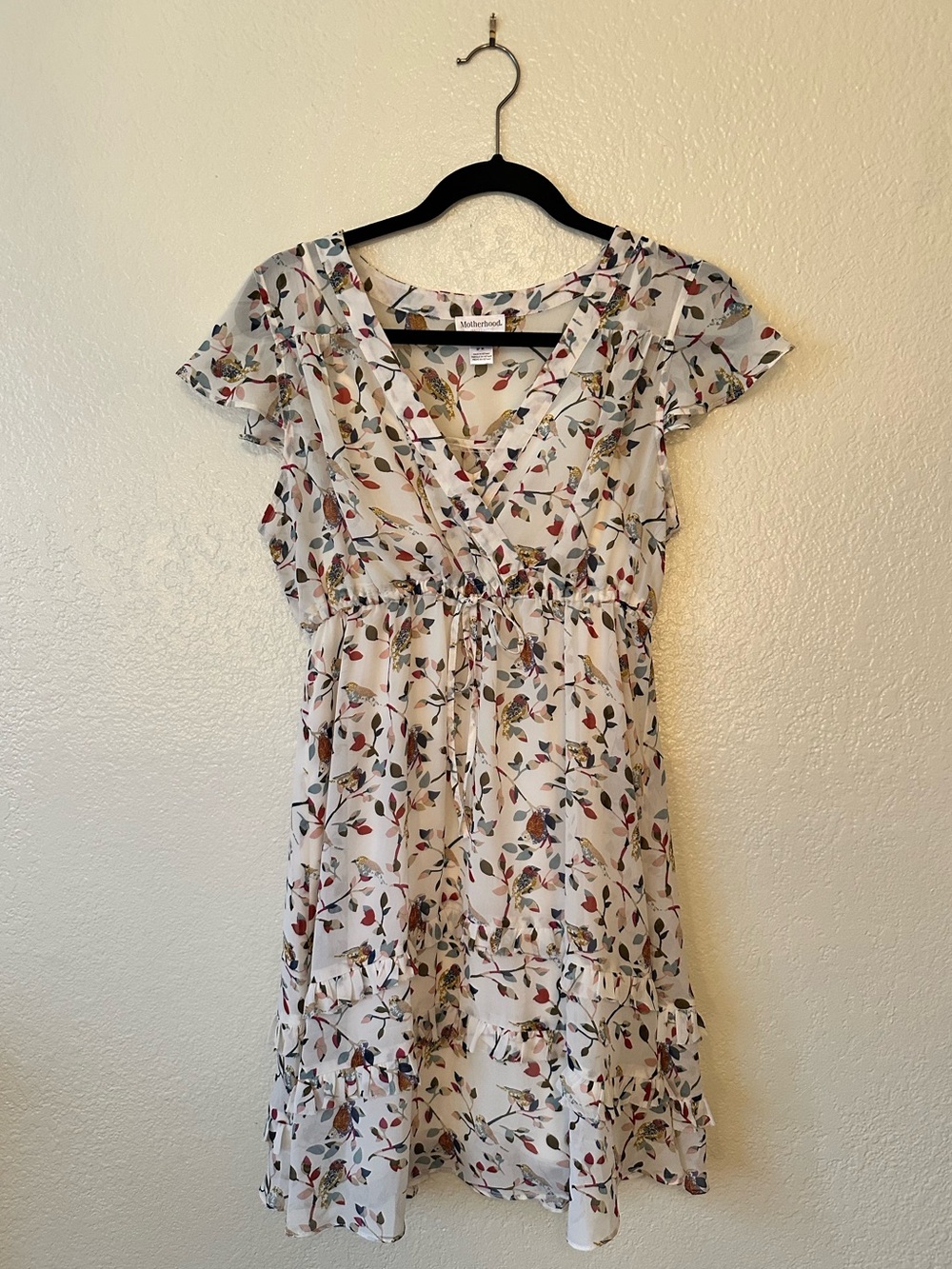 Motherhood Bird Floral Maternity Mini Dress Flutter Sleeves